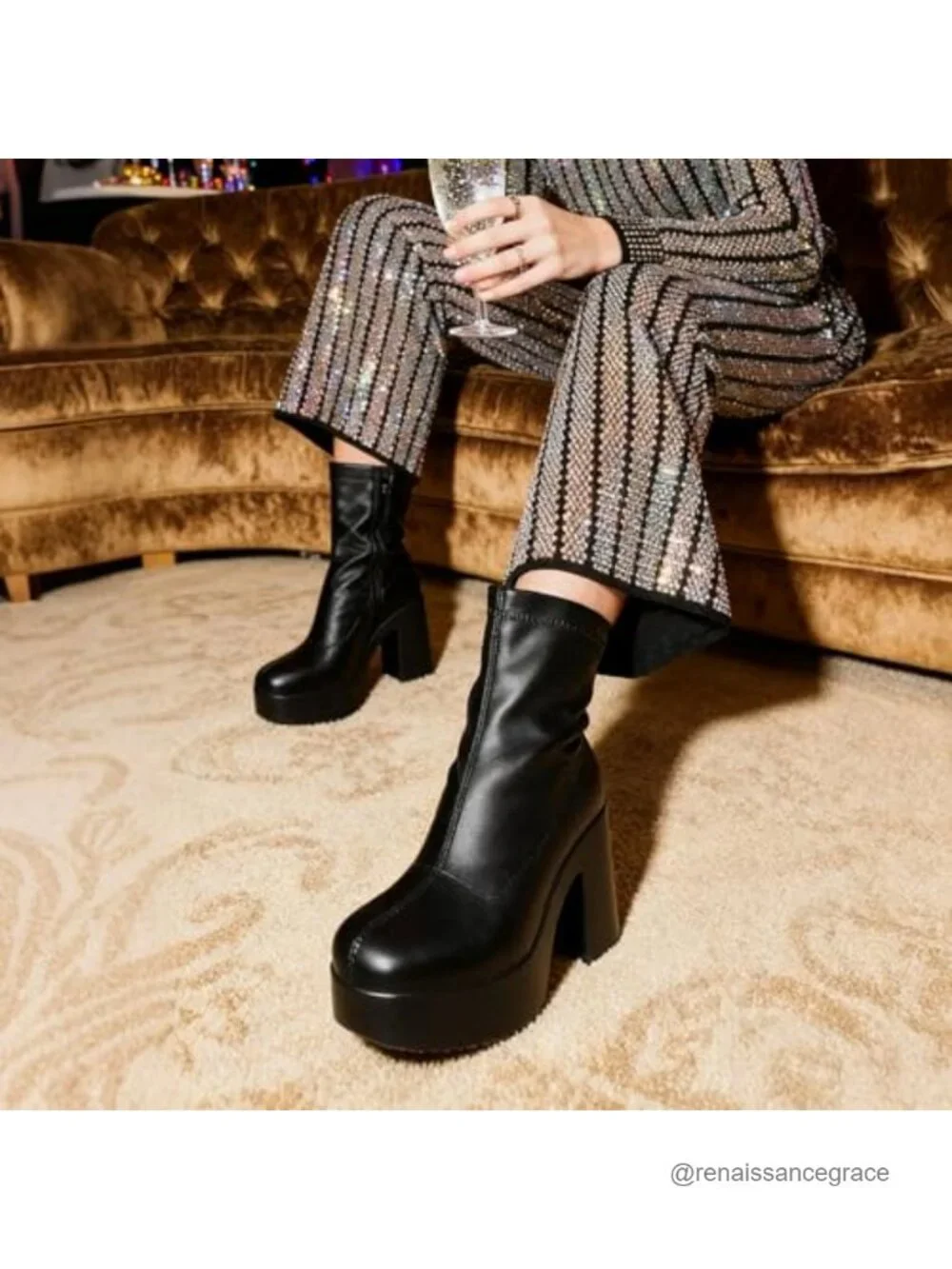 Platform Ankle Boots Chunky Square Toe Zip Booties